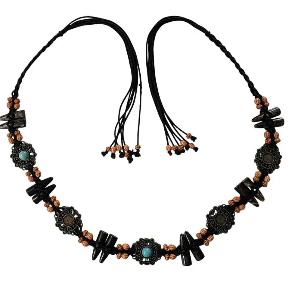 Bohemian Style Braided Rope Belt Turquoise Accented Metal Conchos Orange Beads